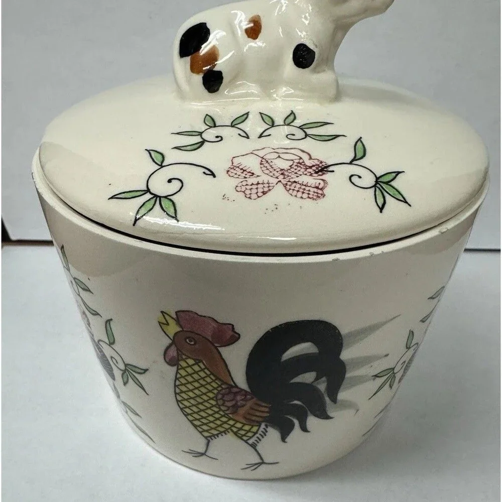 VTG Ceramic Butter or Grease Jar Cow Figural Handle , Painted Rooster Folk Art
